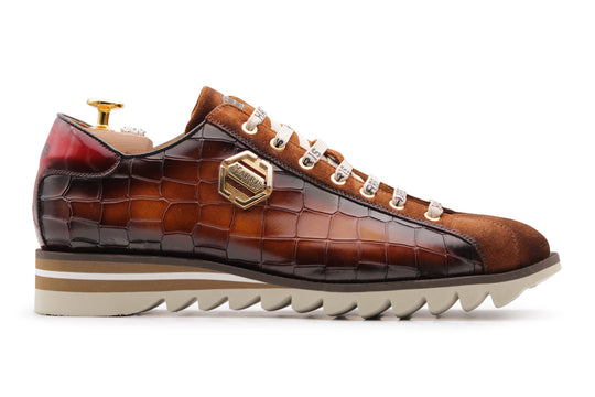 Zapatillas de cuero de efecto cocodrilo y gamuza