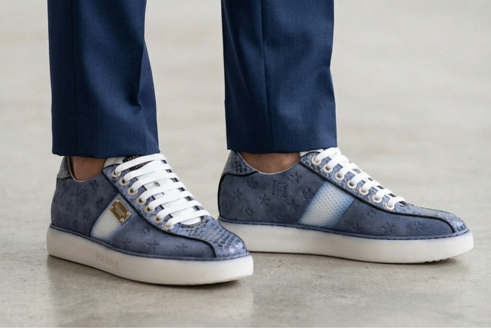 Sneakers in suede stampato e dettagli in pitone