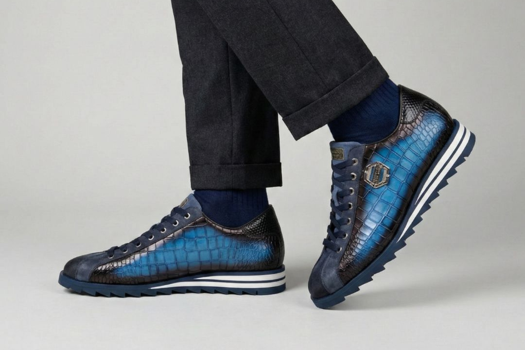 Sneakers with crocodile effect and suede