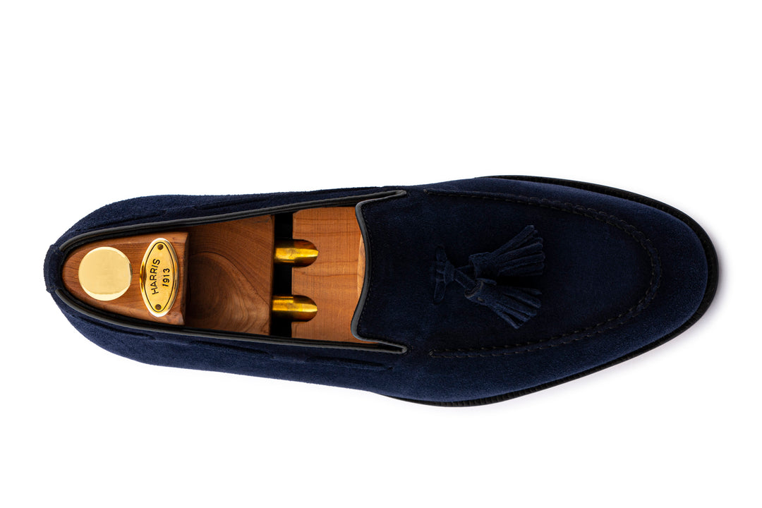 Mocassino in camoscio con pon pon Blu