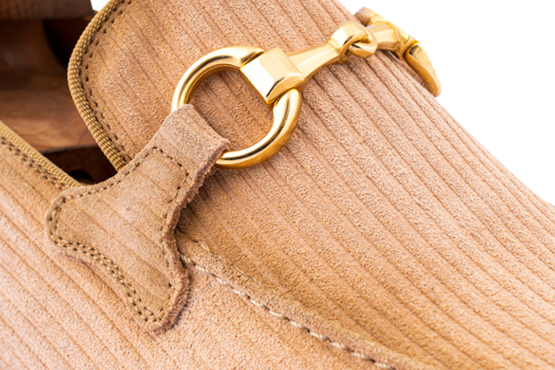 Striped suede moccasin with belt loop