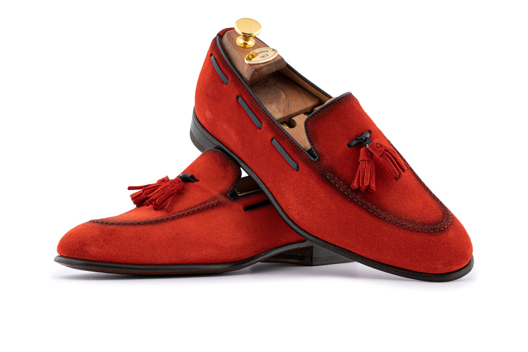 Mocassino in suede con pon pon Rosso