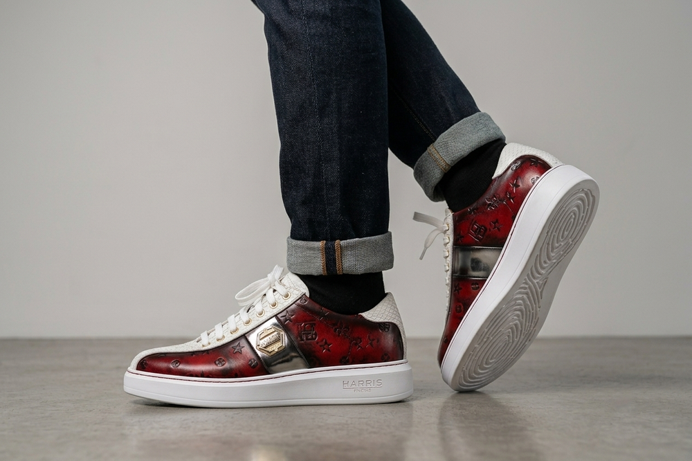 Sneakers in spazzolato monogram e pitone Rossa