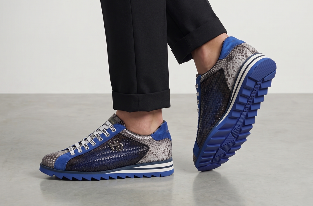 Sneaker in woven leather and python