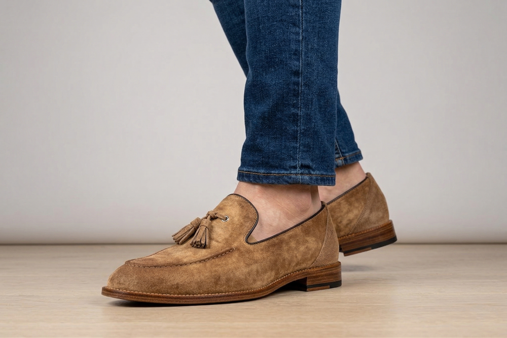 Mocassino in suede nuvolato con pon pon