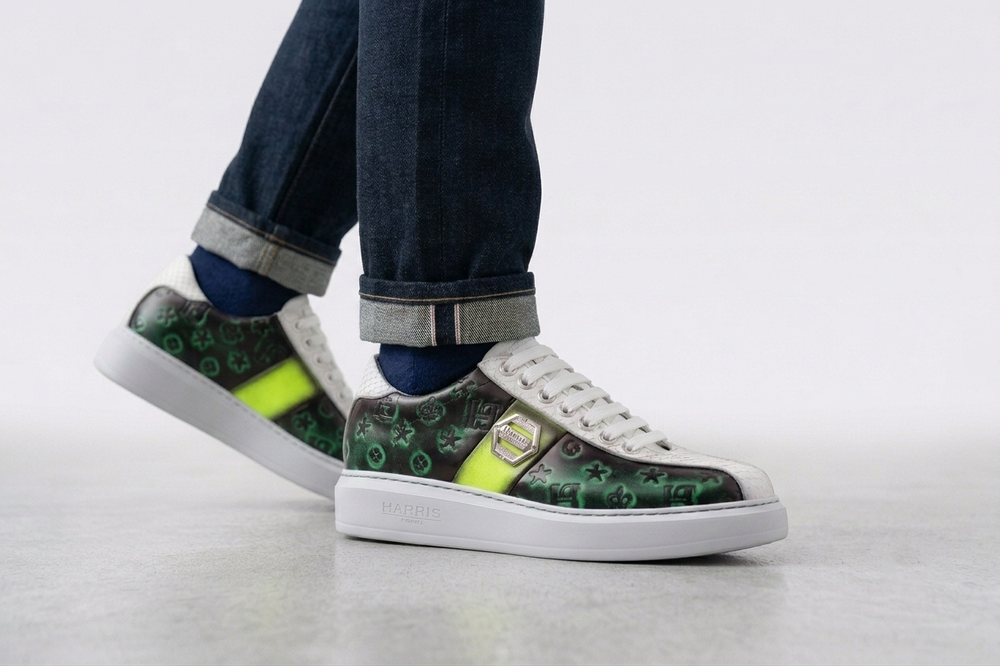 Sneakers in spazzolato monogram e pitone Verde