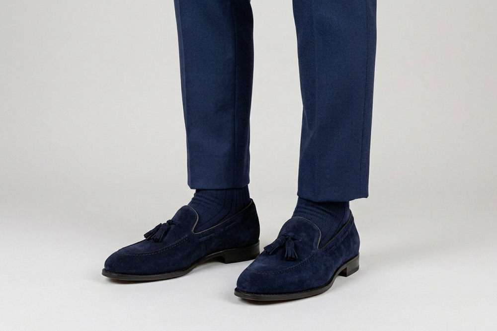 Mocassino in camoscio con pon pon Blu
