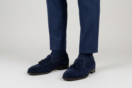 Mocassino in camoscio con pon pon Blu